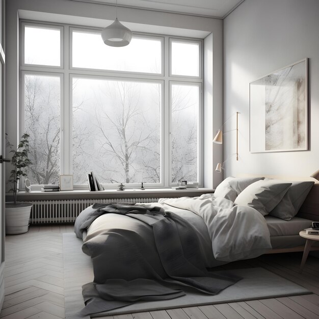 Habitación fresca y brillante con cartel por encima de la cama Ilustración de IA generativa