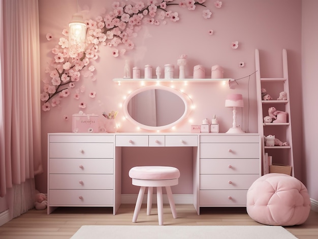 Habitación funcional para niños en color rosa con diseño de muebles inteligentes AI Generation