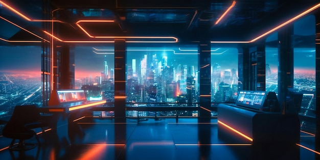 Una habitación futurista con luces brillantes y la imagen de una ciudad.