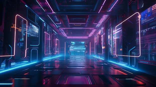 Una habitación futurista con luces de neón y un fondo azul y violeta.