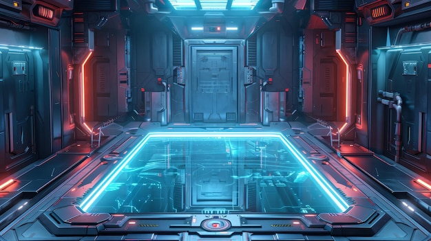 Una habitación futurista con luces de neón y una gran piscina azul