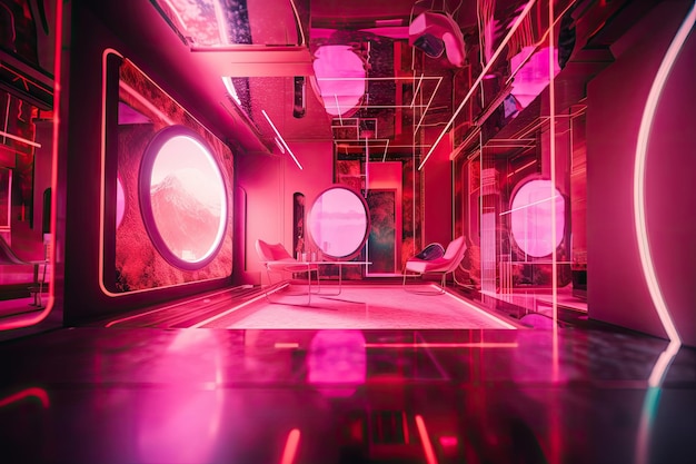 Habitación futurista rosa con proyecciones holográficas de colores y formas brillantes