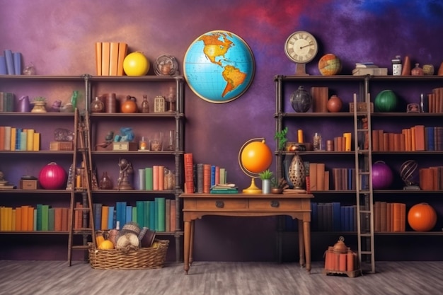 Una habitación con un globo terráqueo en la pared y estanterías con libros.