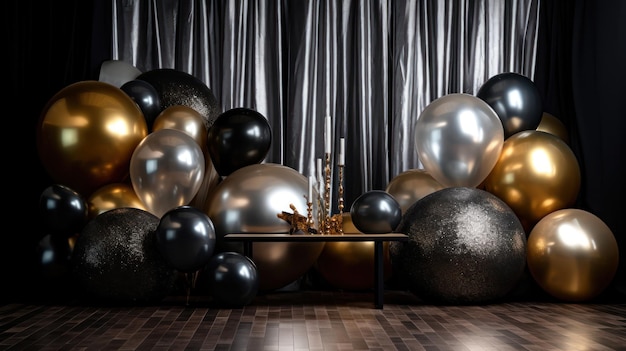 Una habitación con globos negros y dorados y una mesa con una vela encima.