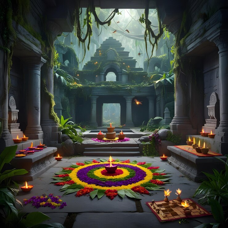 una habitación con un gran número de velas y flores en ella