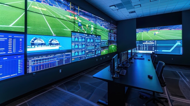 una habitación con una gran pantalla que muestra un juego de fútbol