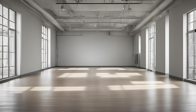 una habitación con una gran pared blanca con ventanas y una luz en el techo