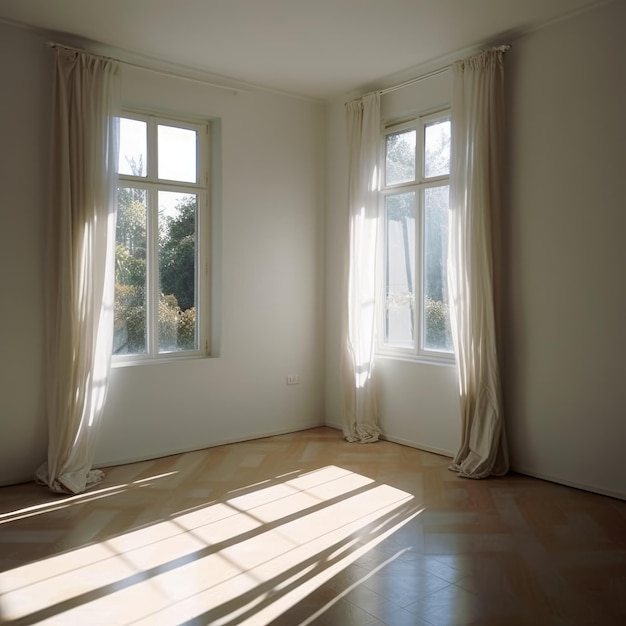 Una habitación con una gran ventana y una cortina.