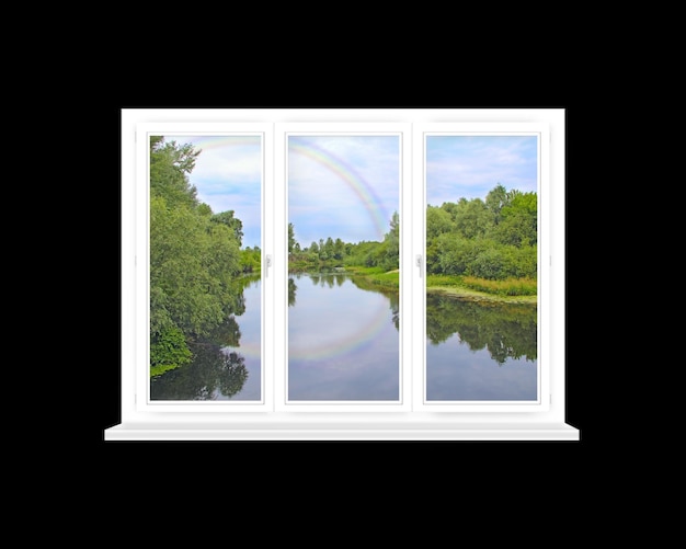 Habitación con gran ventana con vista panorámica al hermoso río ventana aislada