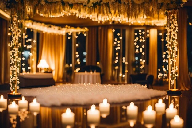 Foto una habitación grande con una cama y una mesa con velas encendidas