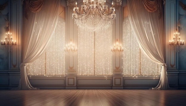Una habitación grande con un candelabro y cortinas