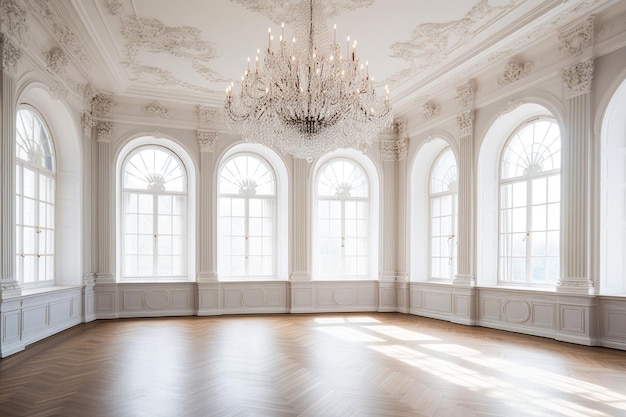 Una habitación grande con un candelabro y ventanas con la palabra música.