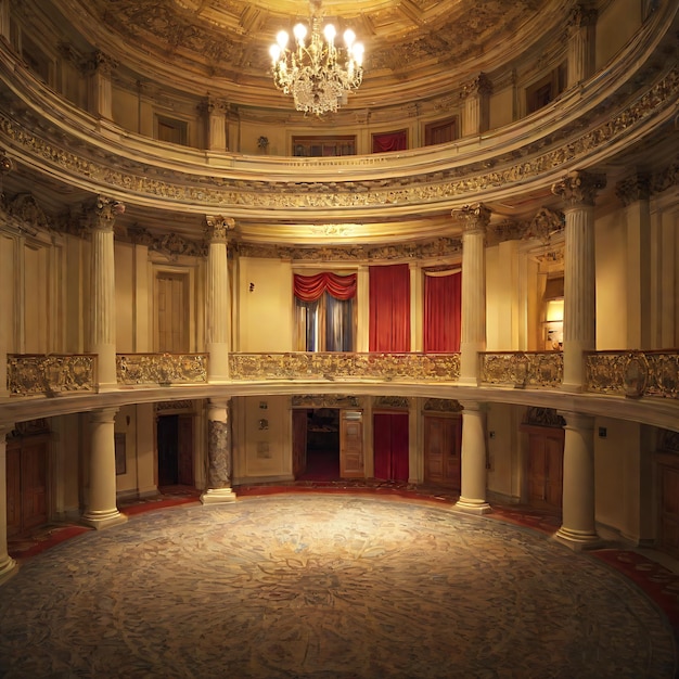 Foto una habitación grande con una cortina roja y un candelabro colgando del techo