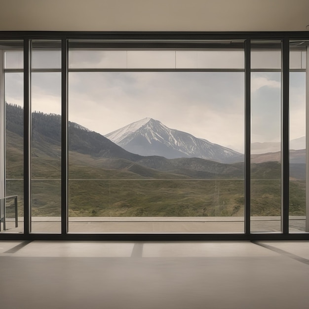 Una habitación grande con una gran ventana y vistas a la montaña.