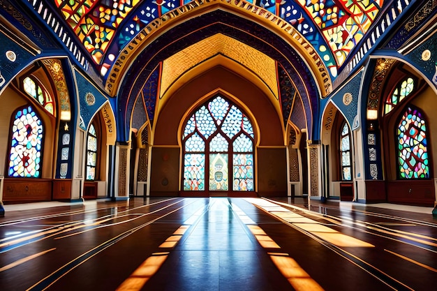 Una habitación grande con una gran vidriera y una gran ventana.