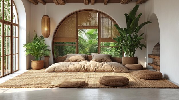 Una habitación grande con muchas plantas y almohadas.