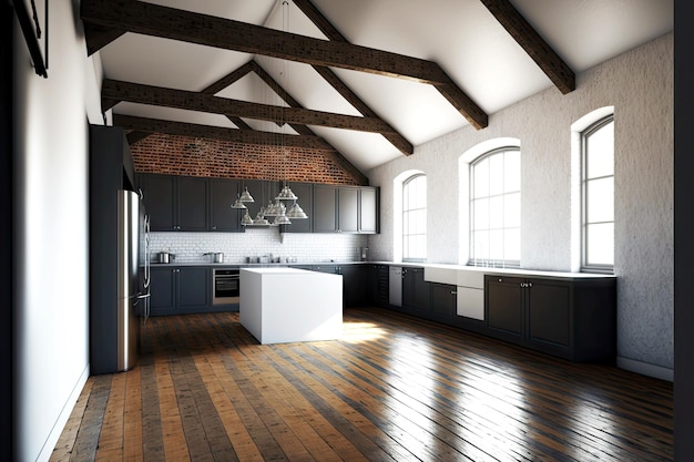 Habitación grande con piso de madera en cocina loft vacía