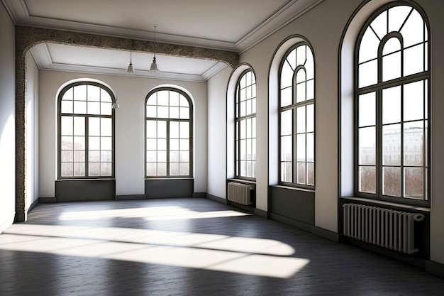 Habitación grande vacía en la vista superior del apartamento con ventanas largas a lo largo de las paredes ai generativo