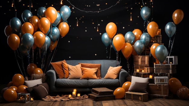 Habitación con grandes cajas de regalos de sofá en el suelo y cumpleaños