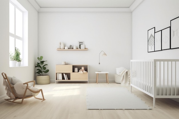 Habitación de guardería minimalista moderna y luminosa con pared en blanco