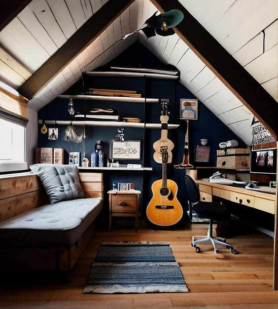 una habitación con una guitarra y un cartel en la pared