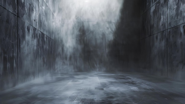 Habitación de hormigón con niebla y luz