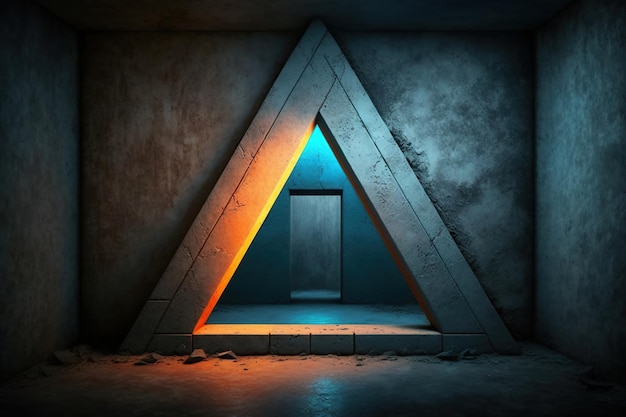 Habitación de hormigón con portal triangular iluminada por luz de neón azul y naranja creada con IA generativa