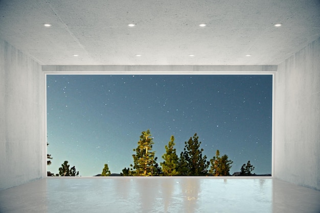 Habitación de hormigón vacía con ventana grande con cielo azul y vistas al bosque 3D Render
