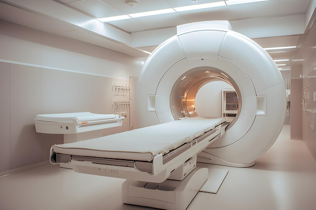 Una habitación de hospital blanca con una gran máquina de tomografía computarizada.