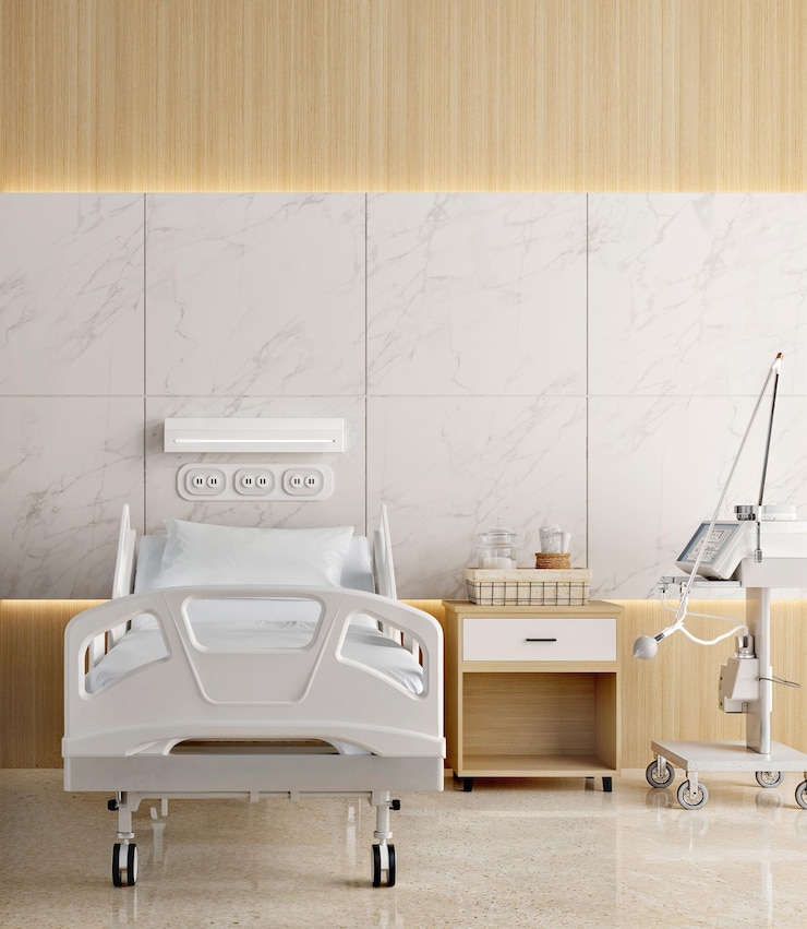 Habitación del hospital con cama y decoración de madera3d renderización