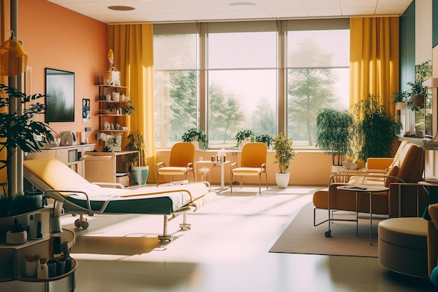Una habitación de hospital con una cama y una mesa con una silla y una ventana con las palabras "hospital".