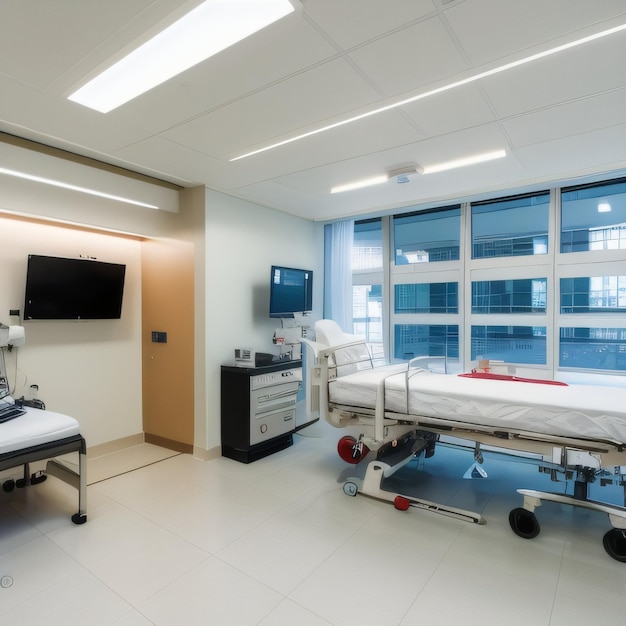 Foto una habitación de hospital con una cama y un monitor en la pared.