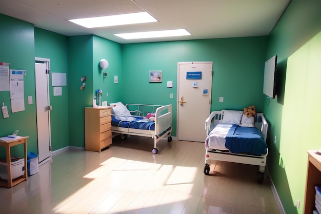 Una habitación de hospital con una cama y un oso de peluche en la pared.
