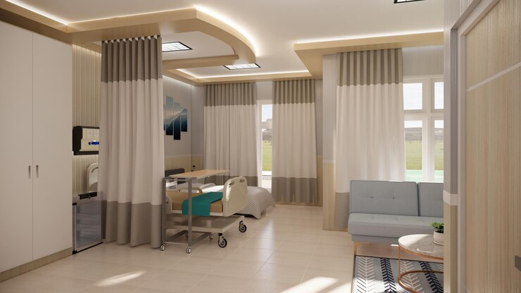 Habitación de hospital con cama Representación 3D de hospital moderno