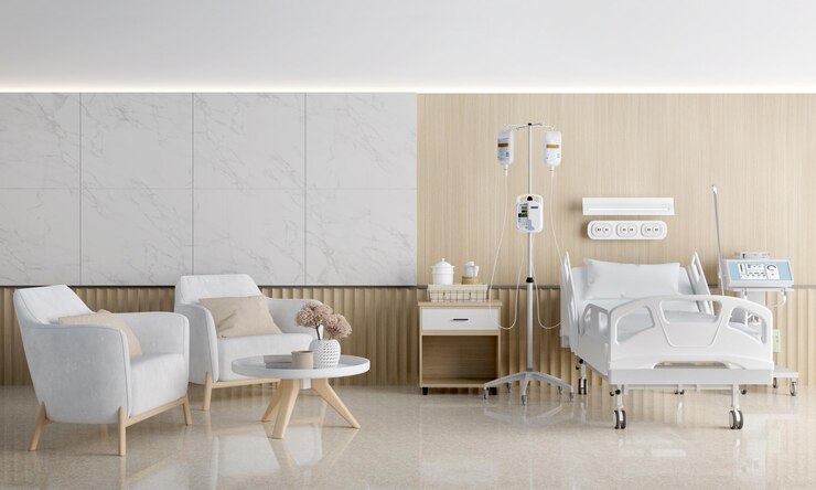 Habitación de hospital con cama y sala de estar3d renderización