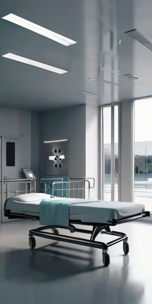 una habitación de hospital con una cama y una ventana que dice hospital