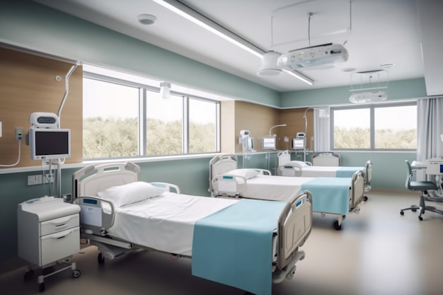 Foto una habitación de hospital con una cama y una ventana que dice 'hospital'