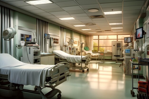 Una habitación de hospital con una cama y una ventana que dice "hospital"