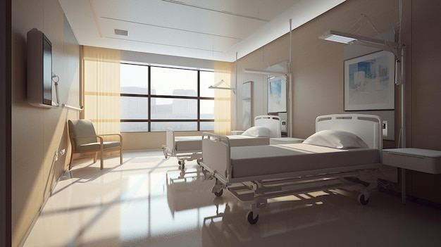 Una habitación de hospital con una cama y una ventana.