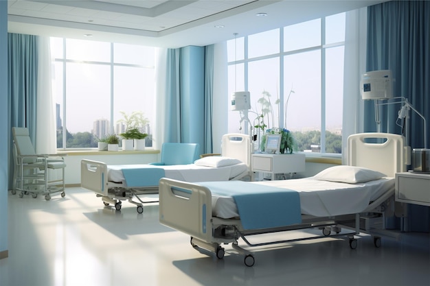 habitación de hospital con camas y equipamiento médico cómodo