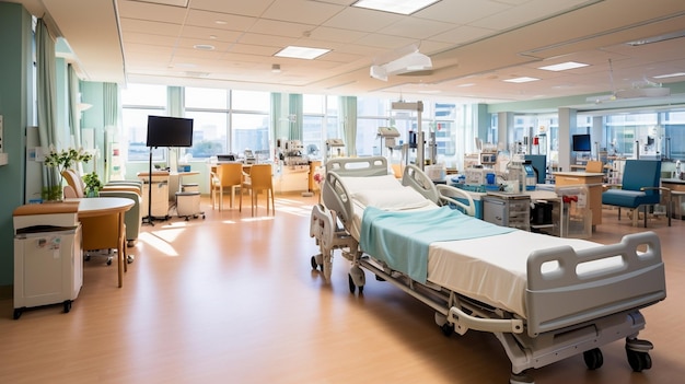 Foto una habitación de hospital con camas y una televisión en la pared.