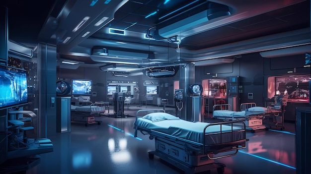 Una habitación de hospital con un conjunto de camas de hospital y un monitor que dice 'espacio muerto'