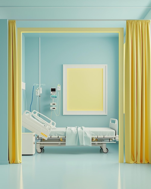 una habitación del hospital con una cortina amarilla que dice "hospital"