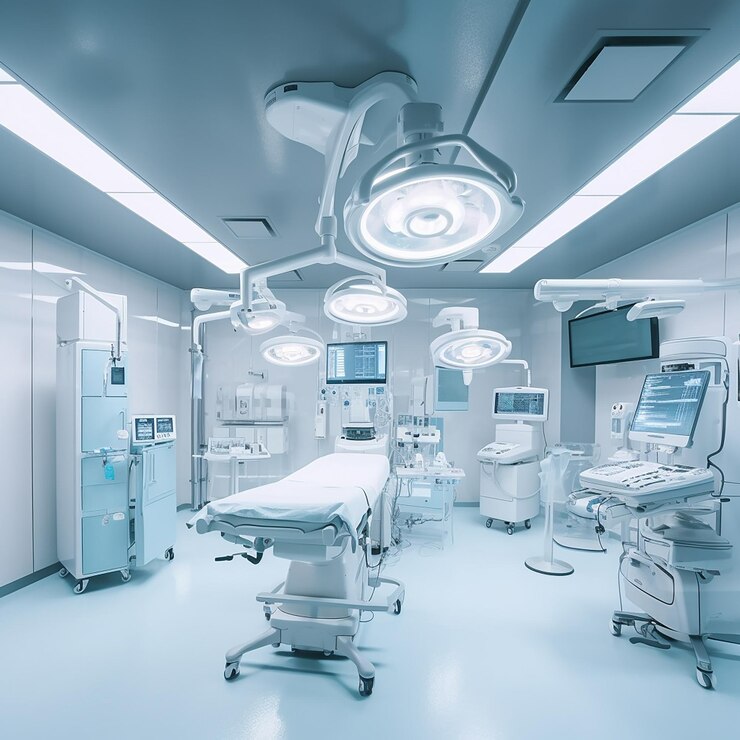 Una habitación de hospital con un gran quirófano y un monitor que dice sistema operativo.