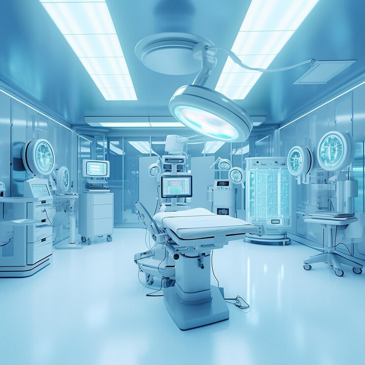Una habitación de hospital con una habitación azul y blanca que dice 1