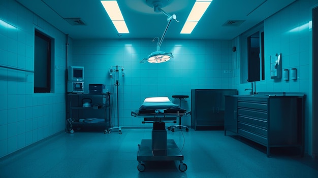 La habitación del hospital iluminada por una luz azul del techo