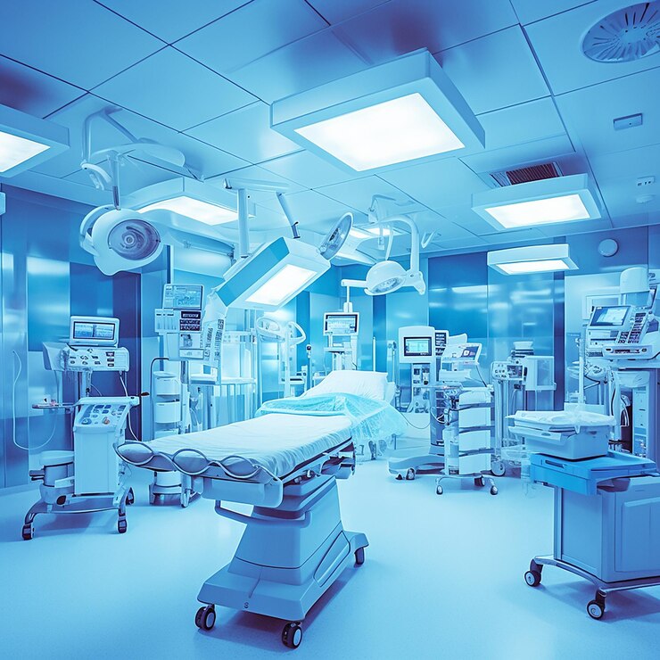 Una habitación de hospital con una luz azul que dice "médico"