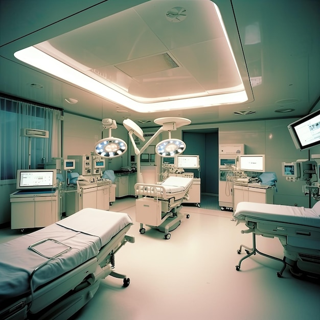 Una habitación de hospital con un monitor que dice la palabra en él