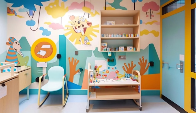 Una habitación de hospital con un mural en la pared que dice 5.