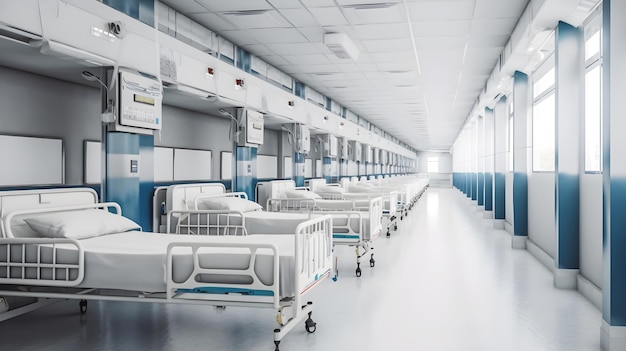 Una habitación de hospital con una pared azul y un letrero que dice "hospital"